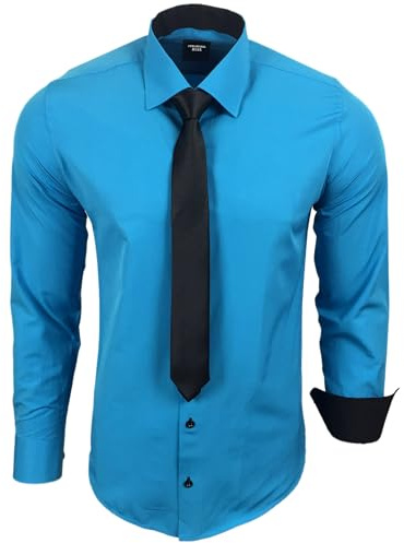 Subliminal Mode - Chemise Homme Manches Longues Col Bicolore Uni + Cravate Noir Chemise Coupe Ajusté Business Repassage Facile RN77 Bleu Turquoise XXL