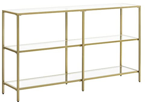VASAGLE Konsolentisch, Regal, 3 Ablagen aus Hartglas, Flurtisch, 30 x 130 x 73 cm, Metallrahmen, modern, für Flur, Wohnzimmer, Schlafzimmer, goldfarben-transparent LGT024A01