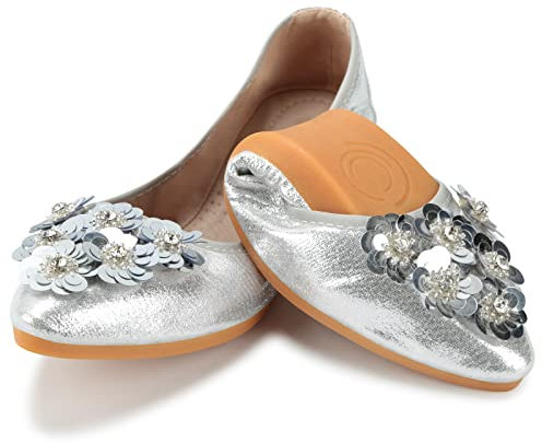 QIMAOO Womens Ballet Flats Pumps Foldable Ballerina Shoes for Women Ladies Flat Shoes Roll up Shoes Slip on Dolly Shoes - 7 UK (Sequin Silver)