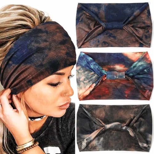 Zoestar Boho-Stirnbänder, breit, Batikfärbung, Yoga-Kopftuch, geknotet, Turban-Stirnband, Vintage, stilvolle Haarbänder, elastisch, dick, modisch, Haarschmuck für Damen und Mädchen (3 Stück)