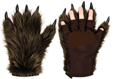ITODA Halloween Werewolf Gloves Hairy Bear Claw Glove Fancy Dress Cosplay Wolf Gloves Winter Warm Plush Cartoon Animal Paw Glove
