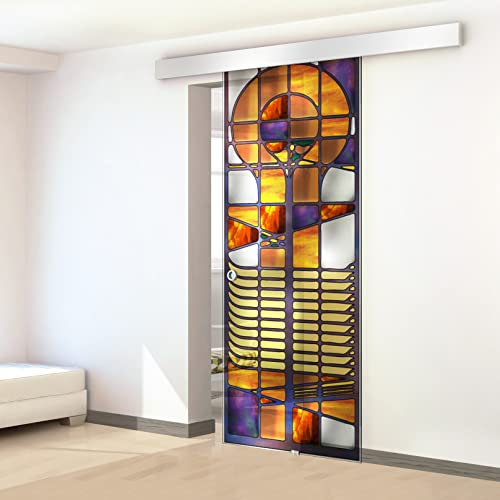 Porta scorrevole in vetro colorato dipinto a mano, modello ONE arancia 60x215 cm (60/85/95 cm) 8 mm vetro trasparente, kit completo di ferramenta (60x215 cm, SINISTRA)
