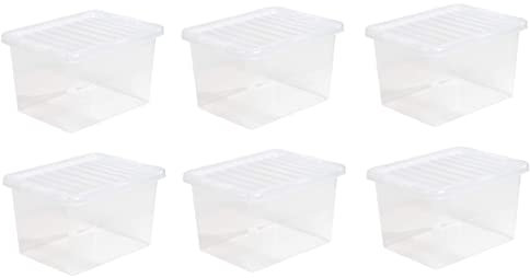 6 x 25L Plastic Storage Boxes Crystal Clear Box & Lid Suitable for all around the Home Office and Workplace Stackable Nestable Large Strong Boxes – 42.50 x 33.00 x 25.50 cm