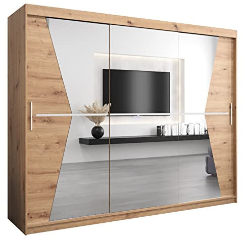 ABIKSMEBLE Maroko 250 Armoire à Trois Portes Coulissantes pour Chambre à Coucher - Moderne Armoire de Rangement avec Miroir, Tringle et Étagères - 250x200x62 cm (L x H x P) - Artisan