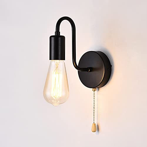 Wandleuchte mit Zugschalter Innen Retro Wandlampe Mit Schalter Vintage Industrial Metall Schwarz Lampe Wand Ein Ausschalter Wandspot E27 Fassung ohne Leuchtmittel, für Flur Schlafzimmer Wohnzimmer