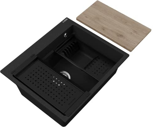 GRANMASTER Massimo Spülbecken Küche mit 1 Becken - Granitspüle mit Abtropffläche, Holzbrett und Metalltabletts, 560x480x203 Schwarz Metallic