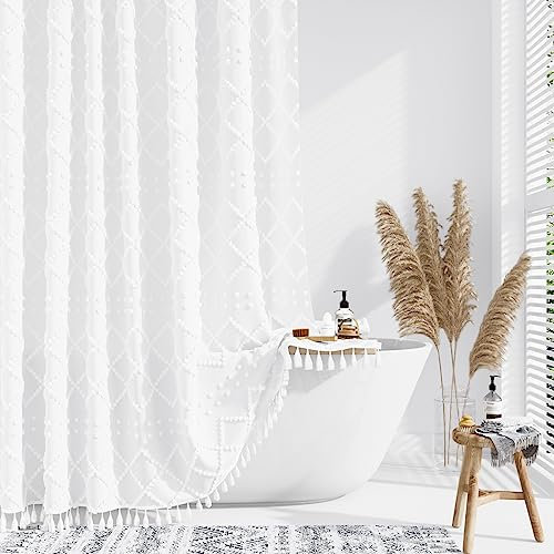 Dynamene Duschvorhang aus weißem Stoff, Boho, getuftet, geometrisch, gestreift, Quaste, Duschvorhang für Badezimmer, Shabby Chic, strukturiert, modern, Bauernhaus, wasserdichtes Tuch,