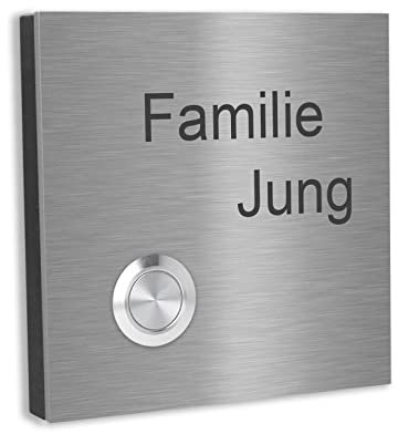 Jung Edelstahl Design Türklingel Lünen - Klingel V2A Edelstahl - incl. Gravur - LED Taster wählbar - Aufputz/Unterputztürklingel (Edelstahl, 10x10 cm)