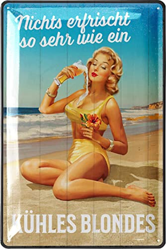 LANOLU Retro Blechschild Bier nichts erfrischt so sehr wie ein kühles Blondes lustige Schilder mit Sprüchen, Bar Dekoration für Partykeller, Kneipen- Geschenkidee Papa zum Vatertag 20x30cm