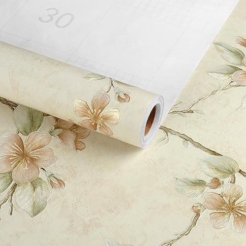 HotDecor Vintage Floral Wallpaper Sticky Back Plastic Patterned Beige Wallpaper for Living Room Bedroom 53cm X 300cm Retro Flower Textured Wall Paper Botanical Floral Wall Furniture Contact Paper