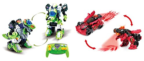Vtech Switch and Go Dinos RC Roboter-T-Rex & Switch and Go Dinos Fire-Mini-T-Rex – Dino-Auto-Transformer – 2in1 Spielzeug mit Dinostimme, Geräusch- und Lichteffekten