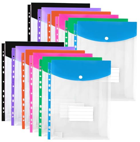 Dokumententasche A4 Abheften, 12 Stück Erweiterbare Mappen Ordnersystem, 11 Lochrand Dokumentenmappe A4 mit Druckknopf und Etikettentasche, Wasserdichte Mappen Organizer