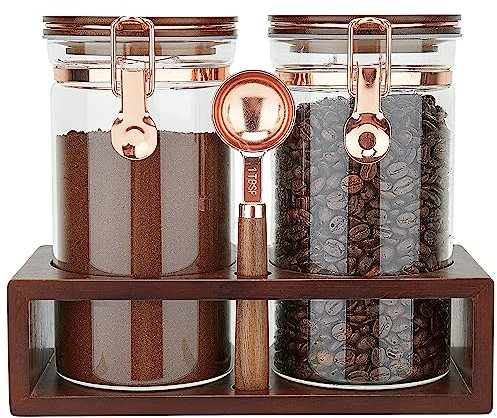 SIQOLNY Glass coffee container with shelf, 2 x 40 FLOZ Coffee bean storage with airtight locking clip and copper spoon, Large capacity food storage jar for kitchen, Coffee powder container