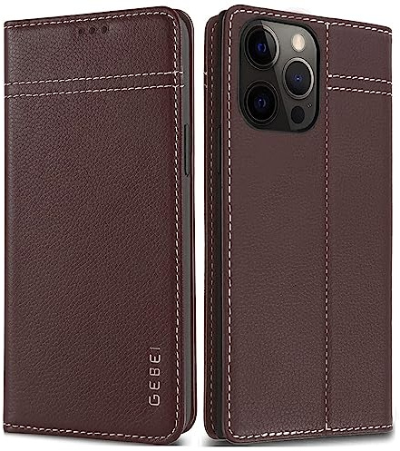 Gebei Hülle Echt Leder für iPhone 12 Pro Max (6,7) - Premium Echte Lederhülle mit Standfunktion Kartenfach Magnetverschluss Flip Case Ledertasche Handyhülle Schutzhülle Klapphülle – Braun