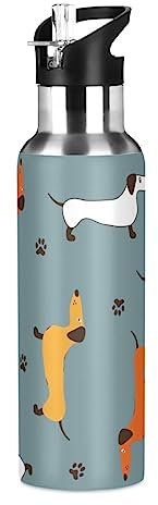 Botella de agua de perro salchicha con tapa de popote, botella térmica de acero inoxidable para niños y niñas, gimnasio, deportes, a prueba de fugas, 600 ml