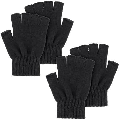 WLLHYF 2 Pair Unisex Half Finger Gloves Winter Stretchy Knit Half-Finger Touch Screen Mittens Fingerless Grip Gloves for Men Women Adult (Black)