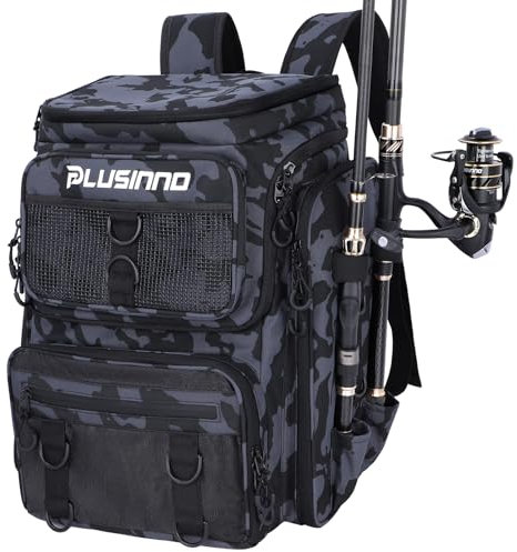 PLUSINNO Zaino da Pesca Con Porta Canne - Grande Borsa Impermeabile da 42 Litri - Attrezzatura per Campeggio, Escursionismo - Regali per Uomini Padre - Nero Mimetico.