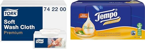 Tork weiches Waschtuch Weiß, hygienisch, 1 × 135 Tücher + Tempo Taschentuch soft & sensitive Taschentuch Box, 6 stück