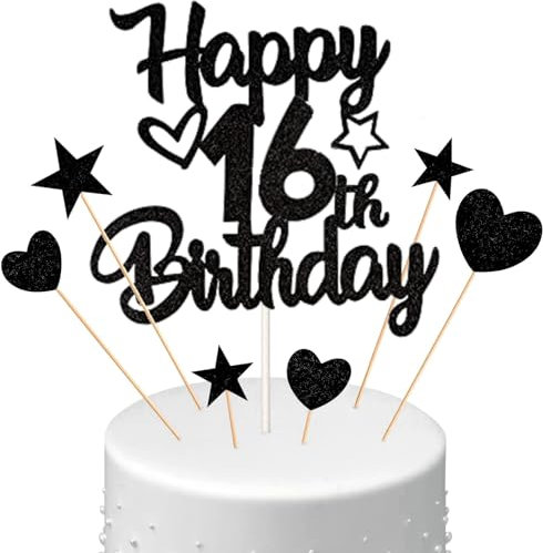 Conruich Tortendeko 16. Geburtstag Jungen, Kuchendeko Happy 16th Birthday Schwarz, Glitzer Kuchen Topper 16. Geburtstag Ballons Konfetti Papierfächer für Geburtstagstorte Deko 16 Jahre Junge Mädchen