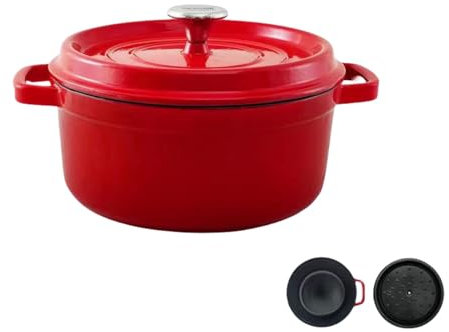 Cacerola de hierro fundido ovalada, olla de hierro fundido con tapa, olla esmaltada antiadherente roja a prueba de horno, buen sellado, ligera, para todas las fuentes de calor (26 cm - 5 L)