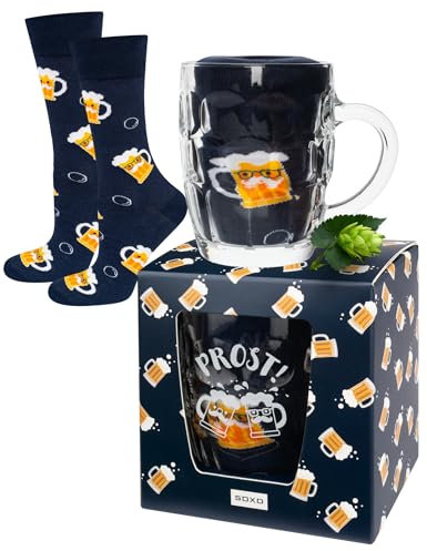 soxo Bier Socken Herren Lustige Socke Geschenke Für Männer Baumwollsocken Geschenk Sommer Socks Men 40-45 Socken Blau 1 Paar + Krug