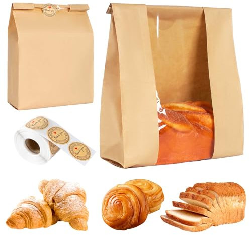 100 Pack Large Kraft Bread Bags with Window Bread Bags for Homemade Bread Sourdough and 500 Pcs Seal Stickers Bakery Food Packaging Storage Cookie Bag Bread （14 x 8.3 x 3.3）