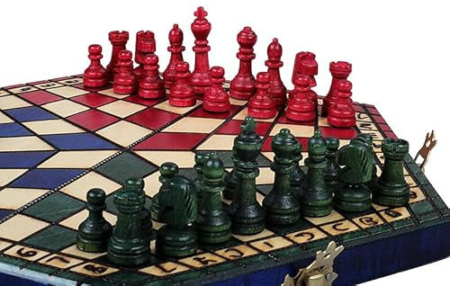 Sunrise Chess & Games Dreier-Schachset Klein, Tricolor, Reiseschach, Holzfiguren, Pädagogisch