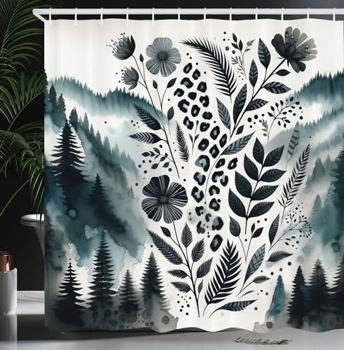 ABAKUHAUS Naturkunst Duschvorhang, Aquarell Bergwald Bäume nordische Blumen und Leopardenmuster, Stoffliches Gewebe Badezimmerdekorationsset mit Haken, 175 x 200 cm, Dunkles Petrolblau Weiß