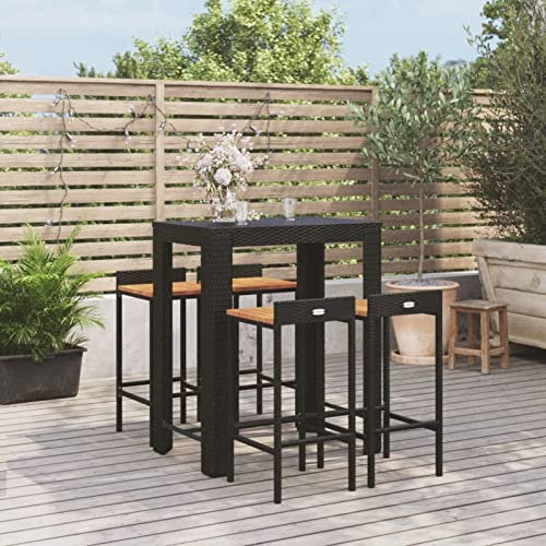 Rantry 5-TLG. Gartenbar-Set Theke Gartentheke Bar Tresen Stehtisch Bartisch Barhocker Barstuhl Sitzgarnitur Gartengarnitur Möbel Gartenmöbel Schwarz Poly Rattan & Massivholz Akazie