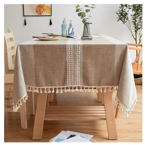 Lieson Rechteckige Tischdecke 90x90 cm, Baumwolle Leinen Tischwäsche Abwaschbar Symmetrische Streifen mit Fransen Tischwäsche für Couchtisch, Gartentisch, Kaffee
