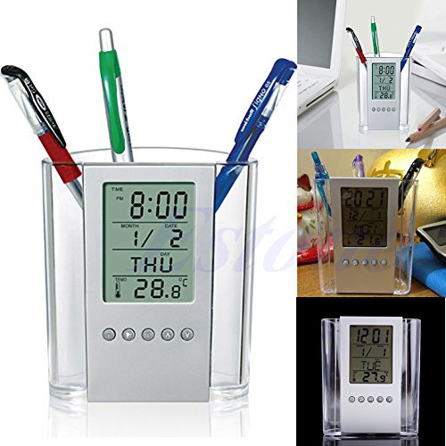 Digitaler LCD-Wecker, Schreibtisch-Bleistift-Halter, Organizer, Thermometer, Kalender, Stifthalter, Schreibtisch-Topf, Stiftehalter, Stiftehalter, Stiftehalter für Schreibtisch, Stiftehalter