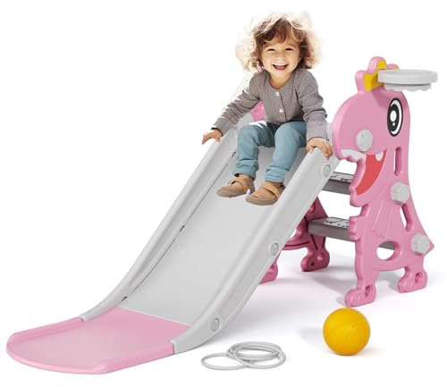 KORIMEFA Toboggan pour bébé d'escalade intérieur/extérieur pour Enfants de 18 à 36 Mois avec Panier de Basket et Anneau de Lancer Design Dinosaure Jouets (Rose)