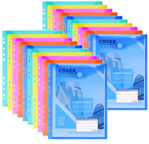 Donken 20 Stück Dokumententasche A4 Abheftbar, Dokumentenmappe A4 Bunte Mappen mit 11 Lochrand Klettverschluss und Etikettentasche, Wasserdicht Sammelmappe hochformat für Dokumente (5 Farben)