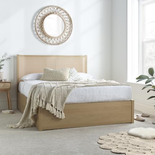 happybeds Ottoman Storage Bed, Carson Oak Rattan Wooden Ottoman Storage Bed (Oak, 5FT - Frame Only)