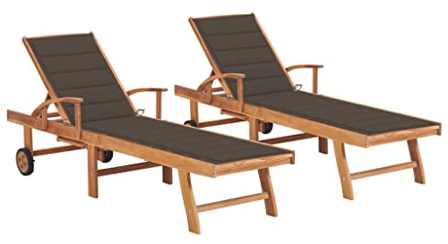 Homgoday Lettini Prendisole 2 pz con Cuscino Tortora in Legno di Teak, Mobili Lettini Prendisole, Divano Letto Mobili, Lettini da Giardino, Lettino da Piscina, Lettino Prendisole da Giardino