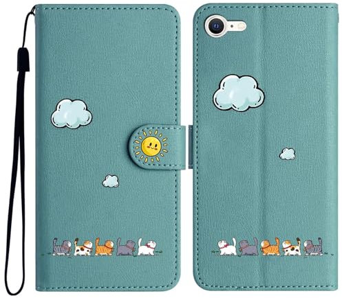 Niedlich und Schöne Geldbörse Handyhülle für iphone 7/ iphone 8/ iphone SE, Nette Katzen Muster Haltbares PU+TPU Leder mit Prämie Magnetisch Schließung Flip Telefon Hülle für iphone 7/8/SE(Grün)