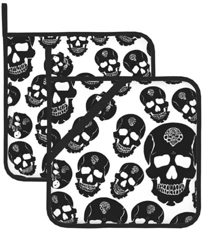 Hitzebeständiges Topflappen-Set mit schwarzem Totenkopf. Wasserdicht, langlebig, mit Umhängeband. Zum Kochen, Backen und Grillen.