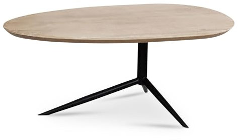 FineBuy Couchtisch 86,5x49x36 cm Mango Massivholz Weiß getüncht Sofatisch Niedrig, Dreibein Wohnzimmertisch Oval, Design Kaffeetisch Wohnzimmer Skandinavisch