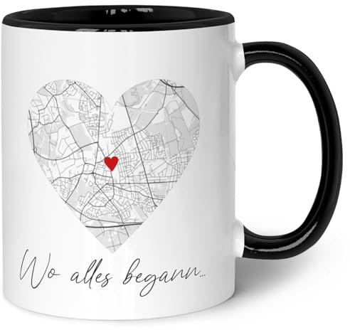 GRAVURZEILE Bedruckte Tasse mit dem Motiv - Wo alles begann - Mit deinem Wunschort - Ideal als Hochzeitsgeschenk - Personalisierte Geschenke für Frauen - Geschenk zum Jahrestag - Schwarz & Weiß