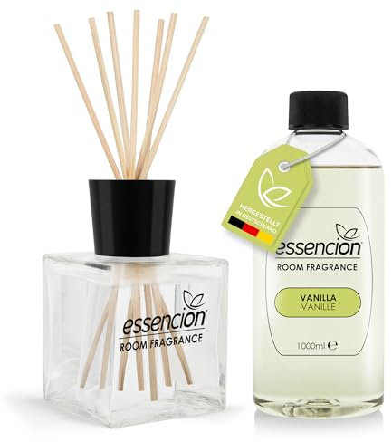 essencion Vanilla Raumduft Set – Glas Diffusor + 1000ml Refill – In 14 verlockenden Düften erhältlich (Vanilla Set 200ml+1000ml)