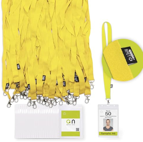 Lot de 50 porte-badges A6 format A6 recyclé - Porte-badge transparent avec cordon en matériau recyclé (Jaune)
