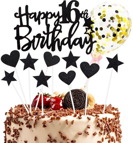 Tortendeko 16 Geburtstag Mädchen Junge, Schwarz Happy Birthday Cake Topper Geburtstag mit Konfetti Luftballon, Glitzer DIY Geburtstagskuchen Deko, Happy Birthday Kuchen Deko 16 Jahre Geburtstag
