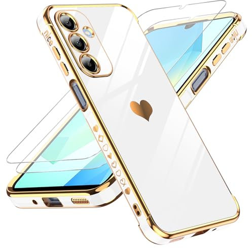 LeYi Handyhülle für Samsung Galaxy A16 5G Hülle mit 2*Schutzfolie, Cute Herz Muster TPU Silikon Galvanik Stoßfest Schutzhülle Cover Case, Kameraschutz Kratzfest für Samsung A 16 4G/5G Weiß