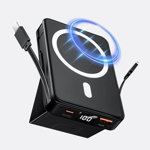 CROWATTS Mag-safe Power Bank, 10000mAh Wireless Power Bank, PD 22.5W Fast Charging Battery Pack with USB-C & Light-ing Cable, LED Display Magnetic Battery Pack with Stand for iPhone 16/15/14/13/12 Pro