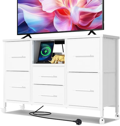 MIKIICOCO Chest of Drawers, Dresser for Bedroom with 6 Drawers, 43.3'' Long TV Stand with Outlet, Clothes Storage Unit with 4 Castors, Fabric Drawers, Metal Frame