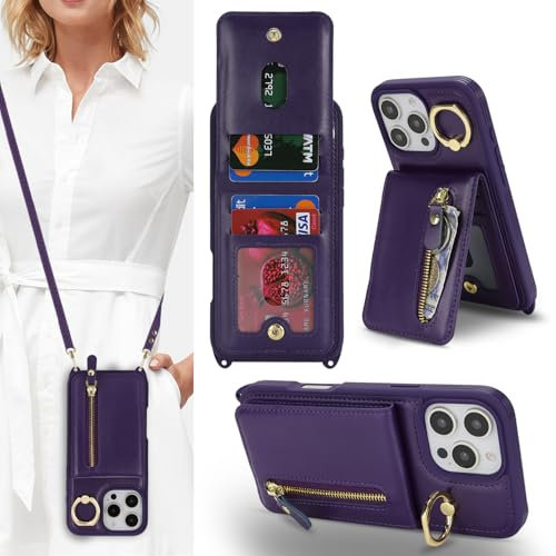 Zouzt for iPhone 16 Pro Case with Cord and Card Holde, Zipper Wallet Case with Crossbody Lanyard Ring Adjustable Necklace Protective Cover Women for iPhone 16 Pro 6.3 Inch - Purple