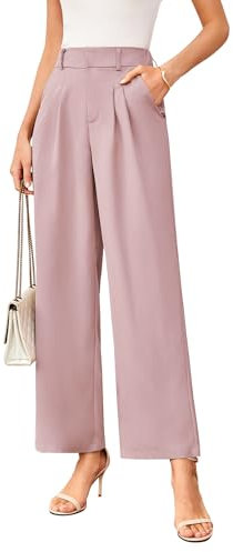TMEOG Stoffhose Damen Sommer Weite Hose Elegant Marlene Palazzo Hose Lockere Gerade Geschnittene Hose Weites Bein Chino Anzughose mit Gummibund Wide Leg Business Bundfaltenhose für Damen(Rosa,M)