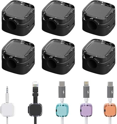 6er Magnetische Kristall Kabelclips, Praktischer Kabelorganizer für Schreibtisch, Flip-Top Magnetische Kabelclips mit Klebestreifen Kabelhalter für Nachttisch (Black)