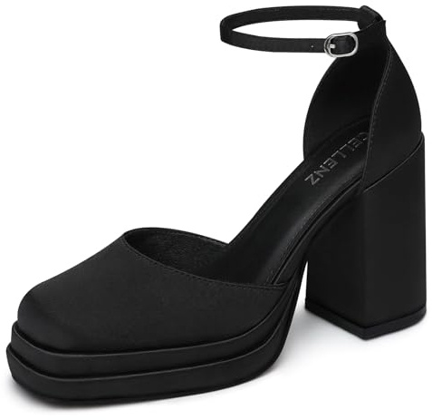 CELLENZ Women Chunky High Heels: Closed Toe Strappy Platform Heel - Black Dress Party Casual Shoes - Pumps Comfortable Graduation Formal Size 8