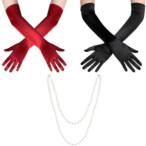 LURVOUS 2 Paar Lange Handschuhe, Satinhandschuhe Opernhandschuhe Schwarzer Handschuh Fasching Lange Rote Handschuh mit Kunststoffperlenkette Lange Handschuhe für Frauen für Halloween, Party, Tanz
